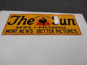 THE SUN NEWSPAPER ENAMEL HEAVY METAL SIGN